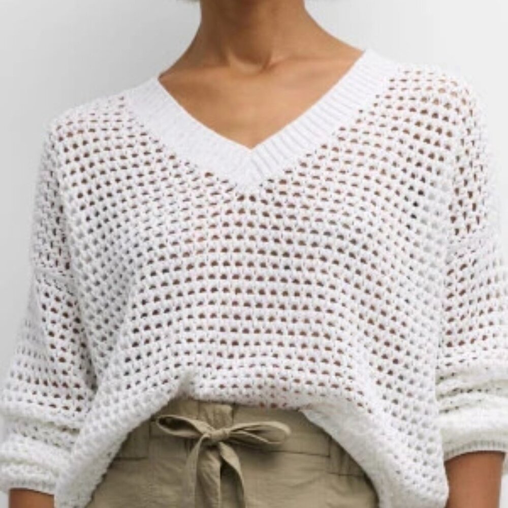 Women's Brunello Cucinelli Diamante White Cotton Open-Knit Sweater XL